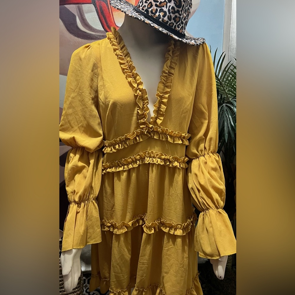 Mustard Boho Ruffled Dress!! So cute with a pair of boots or strappy heel